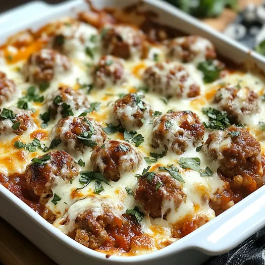 A white dish with meatballs and cheese.