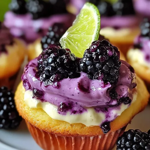 A cupcake with a blackberry and lime on top.