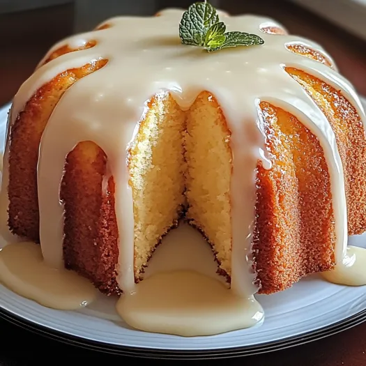 A slice of vanilla buttermilk pound cake with cream cheese glaze.