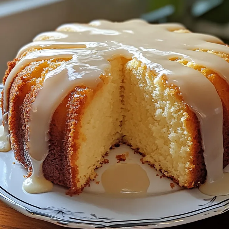 A slice of vanilla buttermilk pound cake with cream cheese glaze.