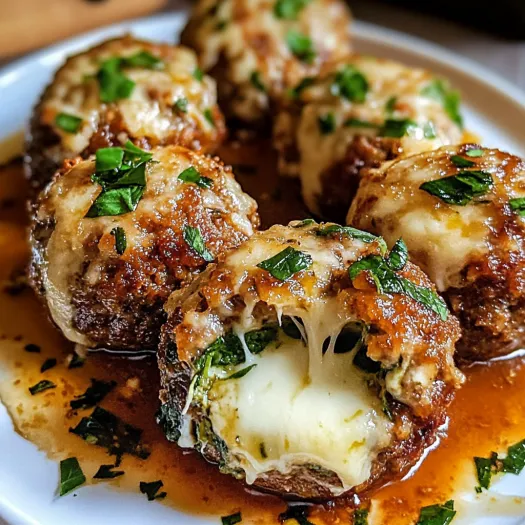 A plate of food with melted cheese and herbs.