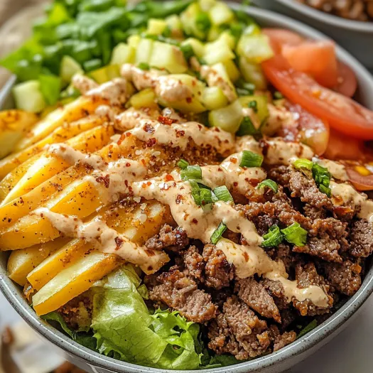 A bowl of food with lettuce, tomato, and meat.
