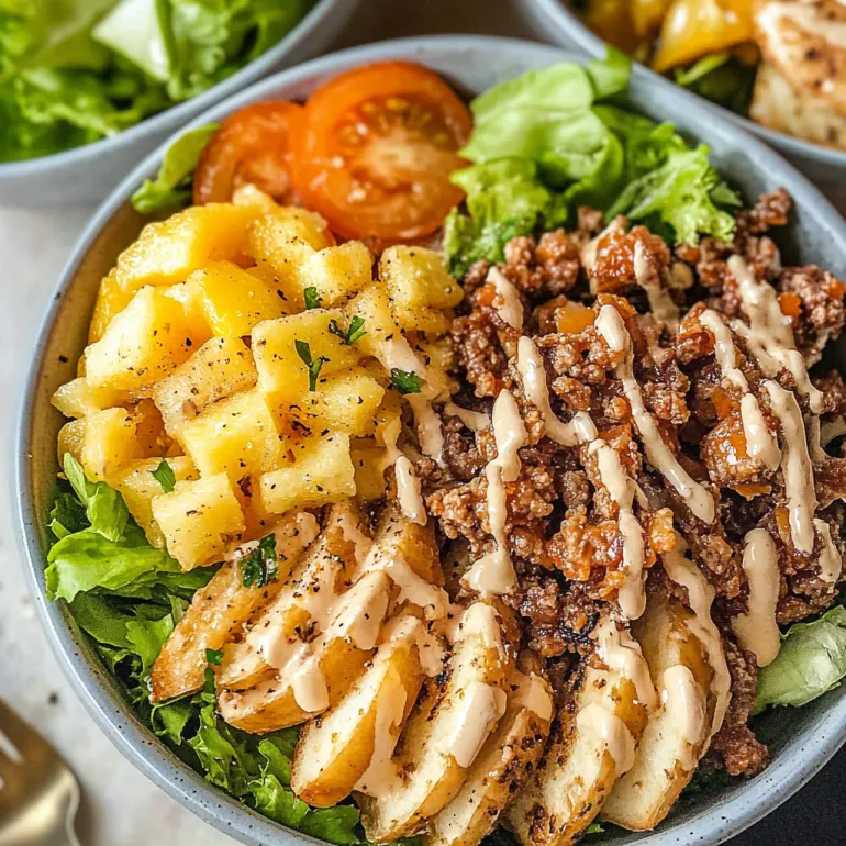 A bowl of food with a burger and fries.