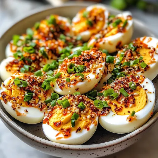 A bowl of eggs with spicy chili garlic.