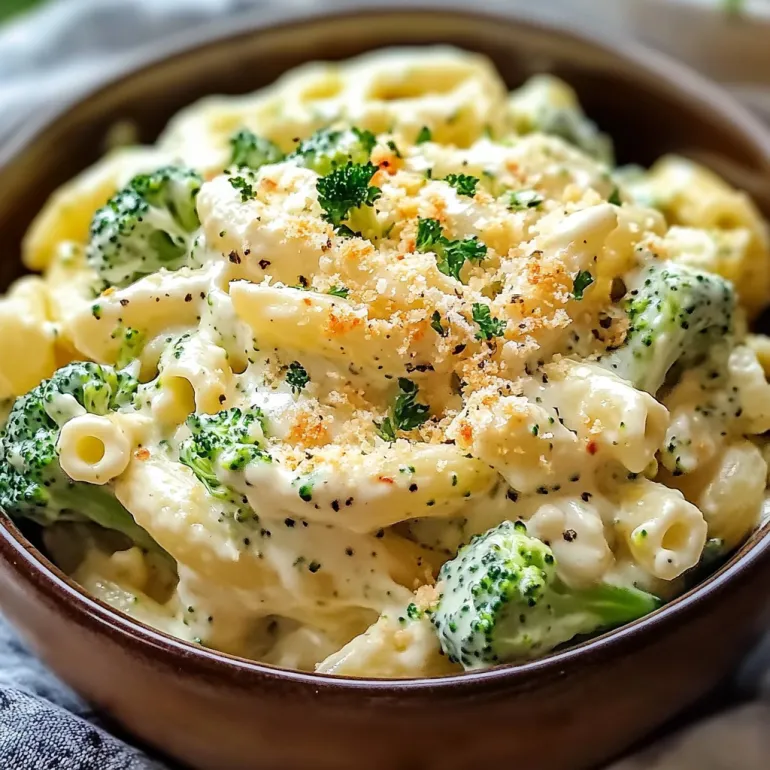 A bowl of creamy broccoli pasta.