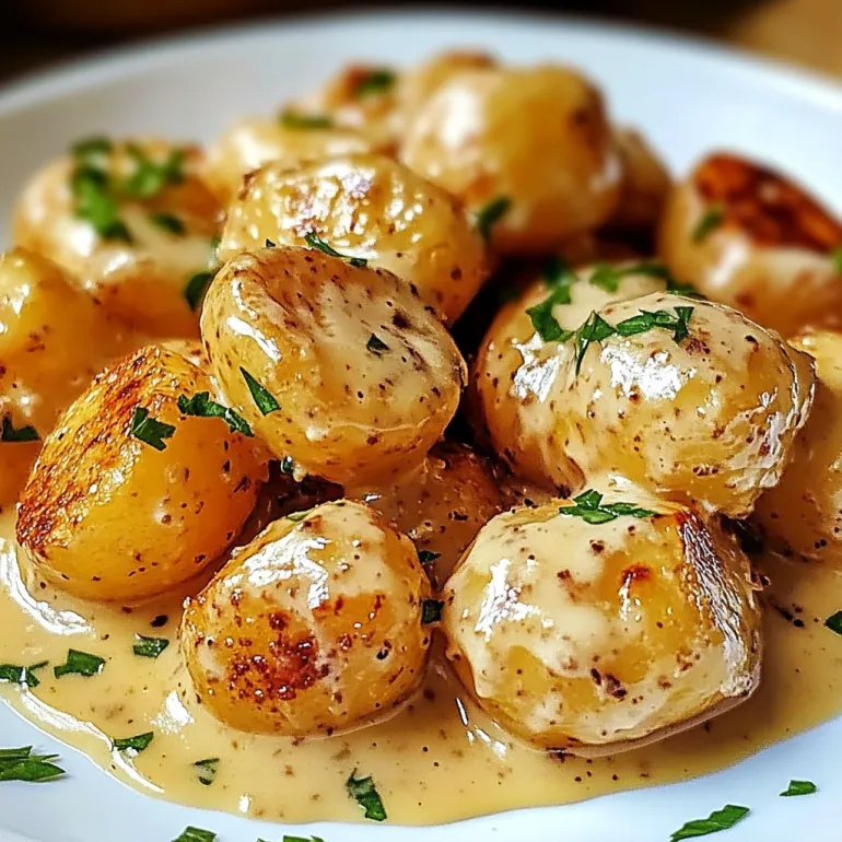 A plate of baby potatoes with a creamy garlic sauce.