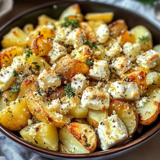 A bowl of roasted potatoes with feta cheese and garlic.