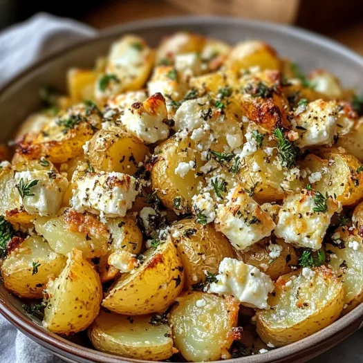 A bowl of roasted potatoes with baked feta and garlic.