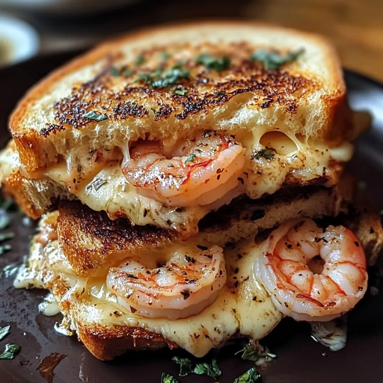 A grilled cheese sandwich with shrimp on top.