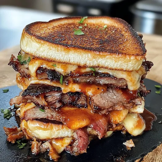 A BBQ Brisket Melts sandwich on a black plate.