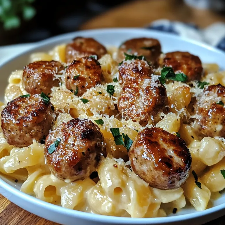 A plate of garlic butter sausage bites with creamy parmesan pasta.