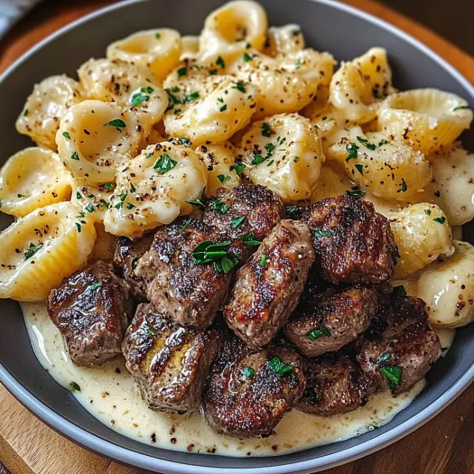 A bowl of food with garlic butter steak bites and parmesan alfredo shells.