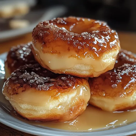 A stack of donuts with a glaze on top.