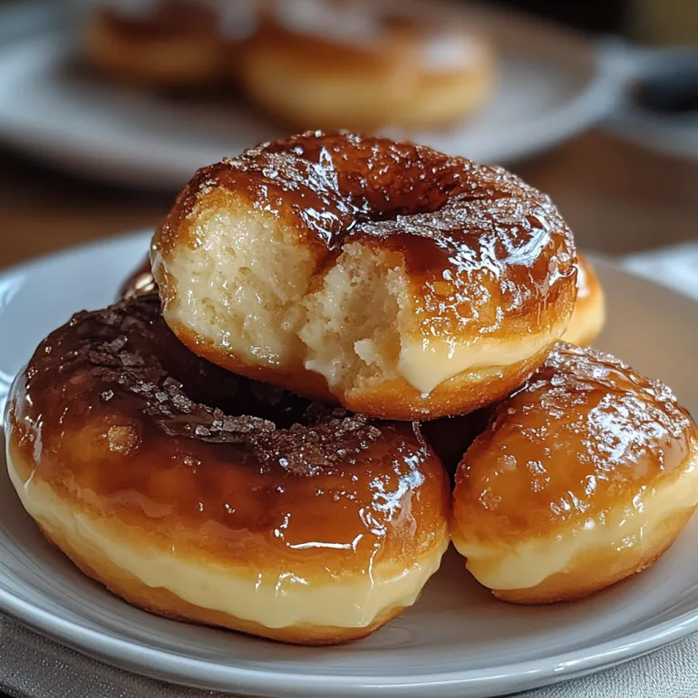 A stack of crème brûlée donuts on a plate.