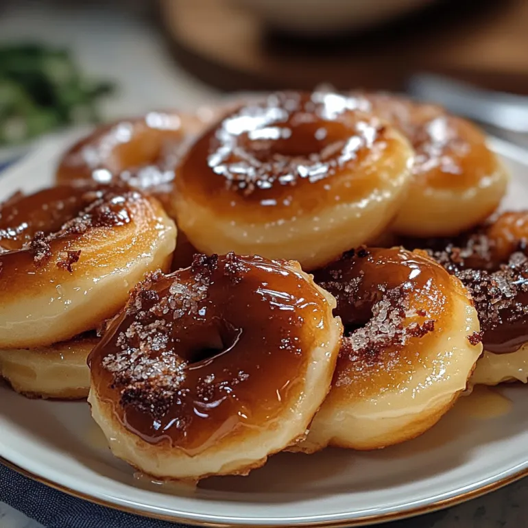 A plate of donuts with a caramel glaze.