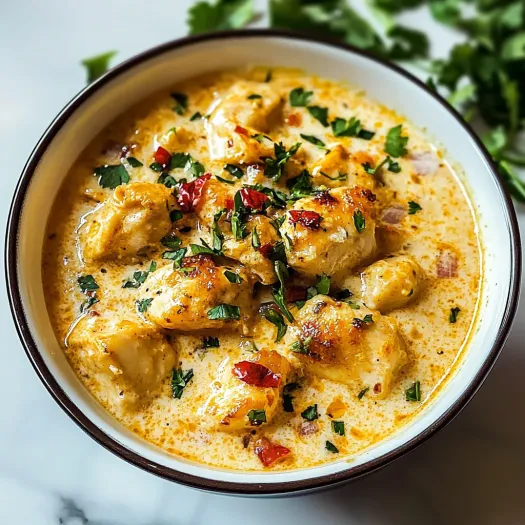 A bowl of chicken in a creamy sauce.