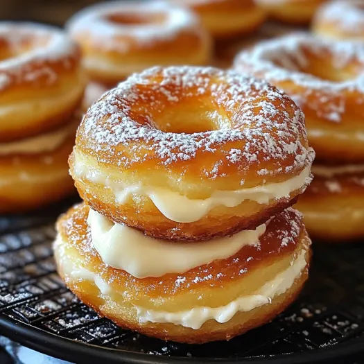 A stack of three donuts with white frosting and powdered sugar.