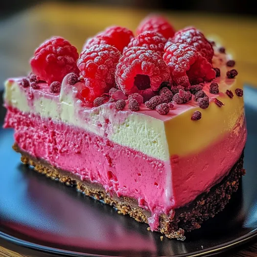 A slice of pink velvet raspberry cheesecake.