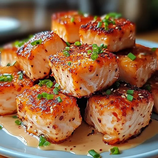 A plate of crispy bang bang salmon bites.