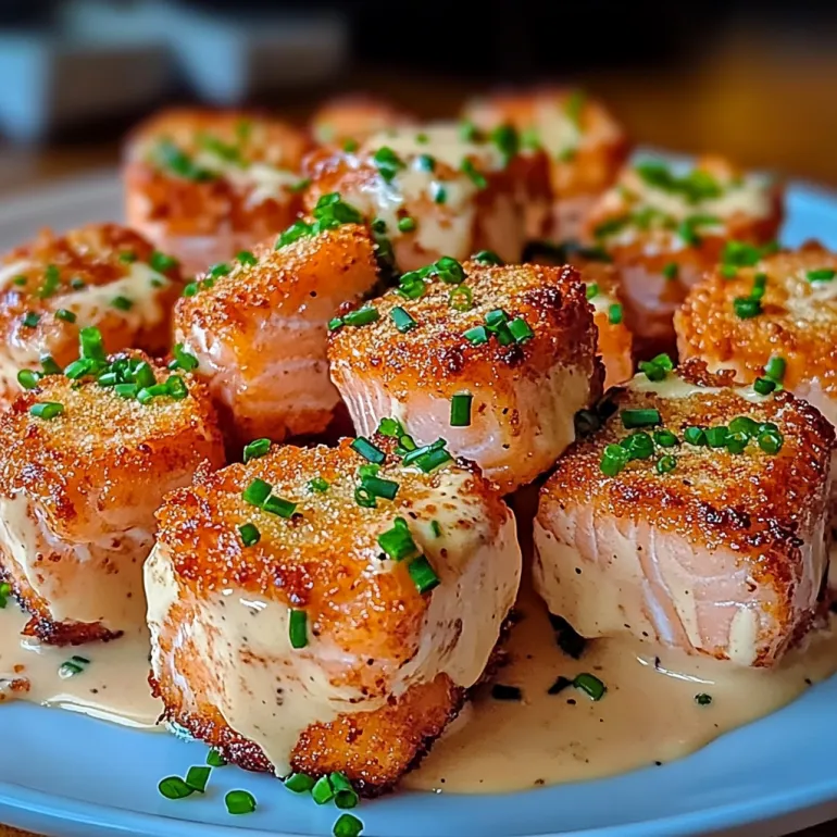 Crispy bang bang salmon bites on a plate.