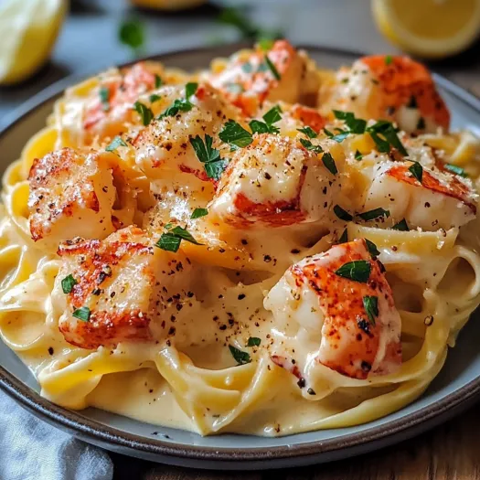 A plate of creamy lobster pasta.