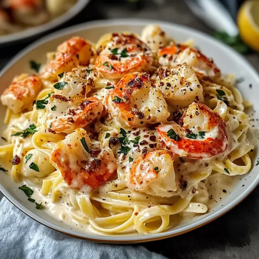 A bowl of creamy lobster pasta.