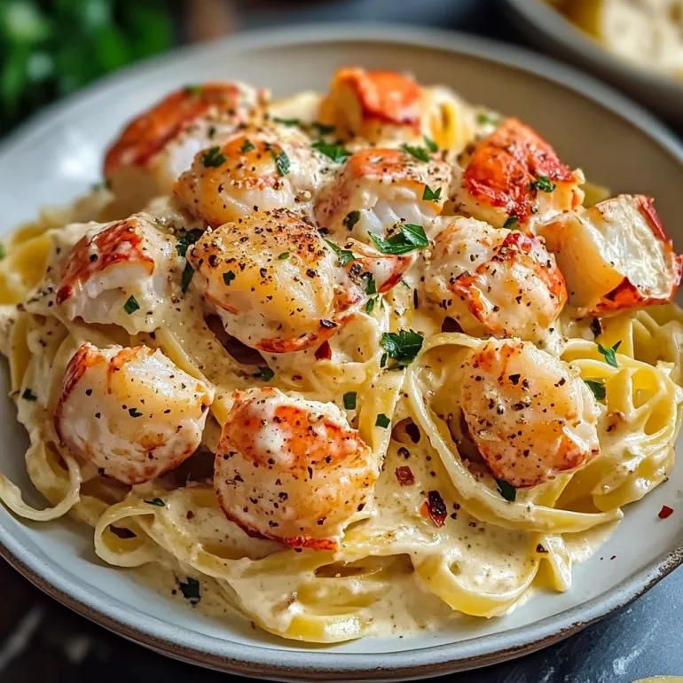 A bowl of creamy lobster pasta.