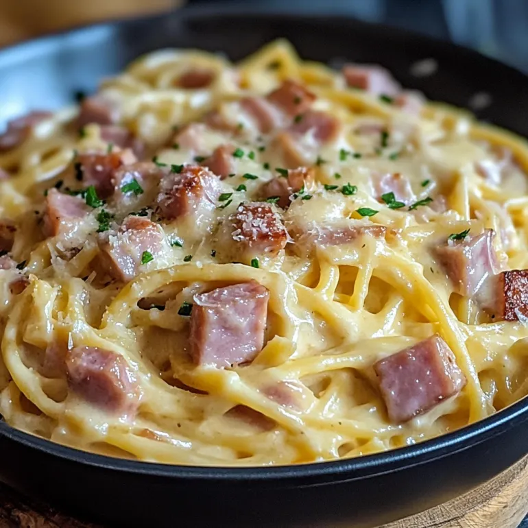 A plate of pasta with ham and cheese.