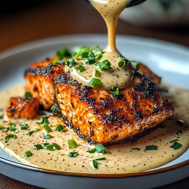 A plate of blackened salmon with a creamy dijon sauce.
