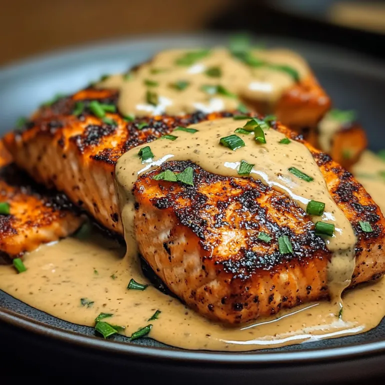 A plate of blackened salmon with creamy dijon sauce.