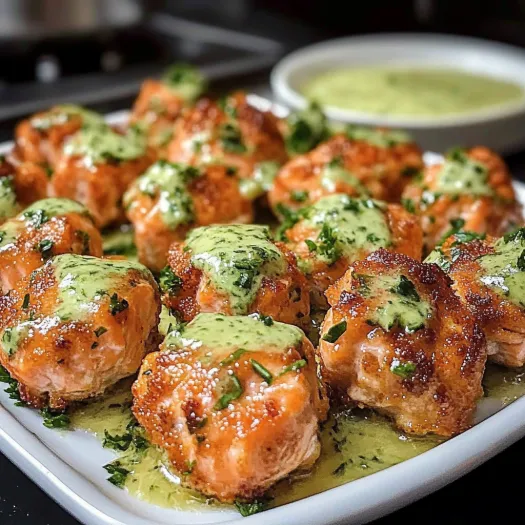A plate of salmon bites with sauce.