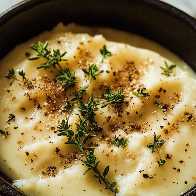 A bowl of cauliflower puree with herbs on top.