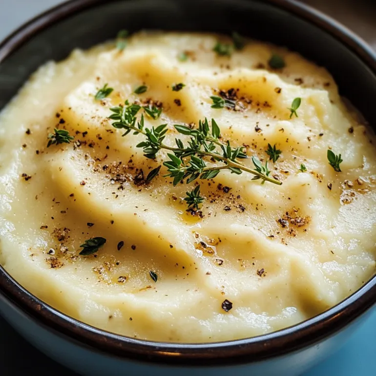 A bowl of cauliflower puree with herbs on top.