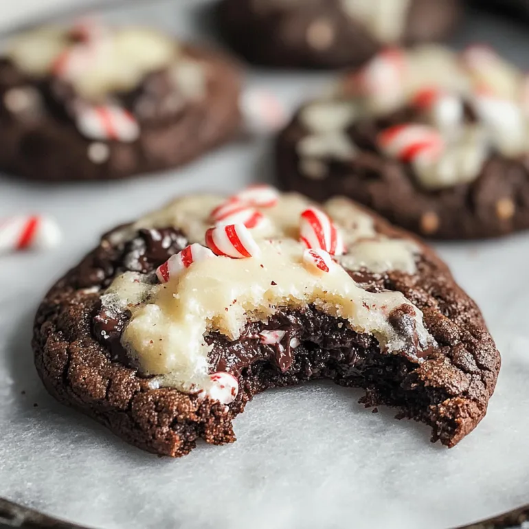 A close up of a double chocolate peppermint cookie.