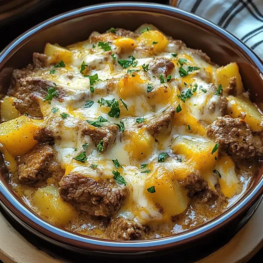 A close up of a potato casserole with meat and cheese.