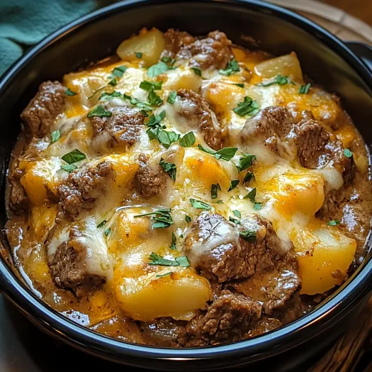A close up of a slow cooker steak and cheddar potato casserole.