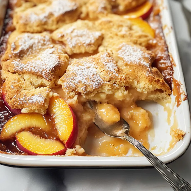 A spoon is in a pan of peach cobbler.
