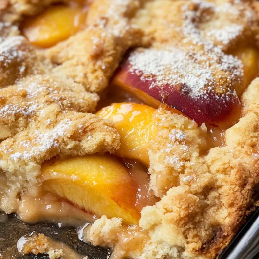 A close up of a delicious peach cobbler.