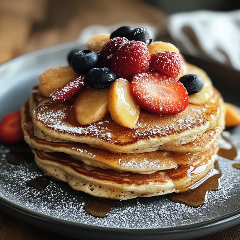 A stack of protein pancakes with fruit on top.