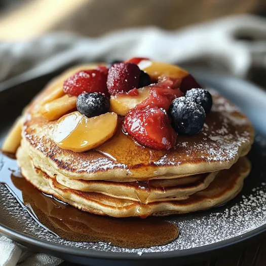 A stack of protein pancakes with fruit on top.