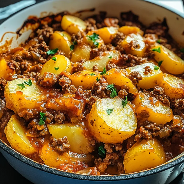 A close up of a hobo casserole with ground beef and potatoes.