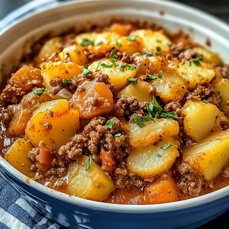 A bowl of hobo casserole with ground beef and potatoes.
