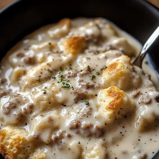 A bowl of soup with biscuits and sausage gravy.