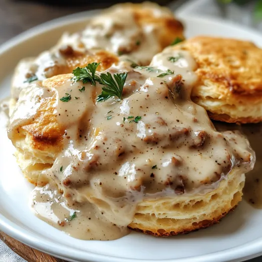 A plate of biscuits and sausage gravy.