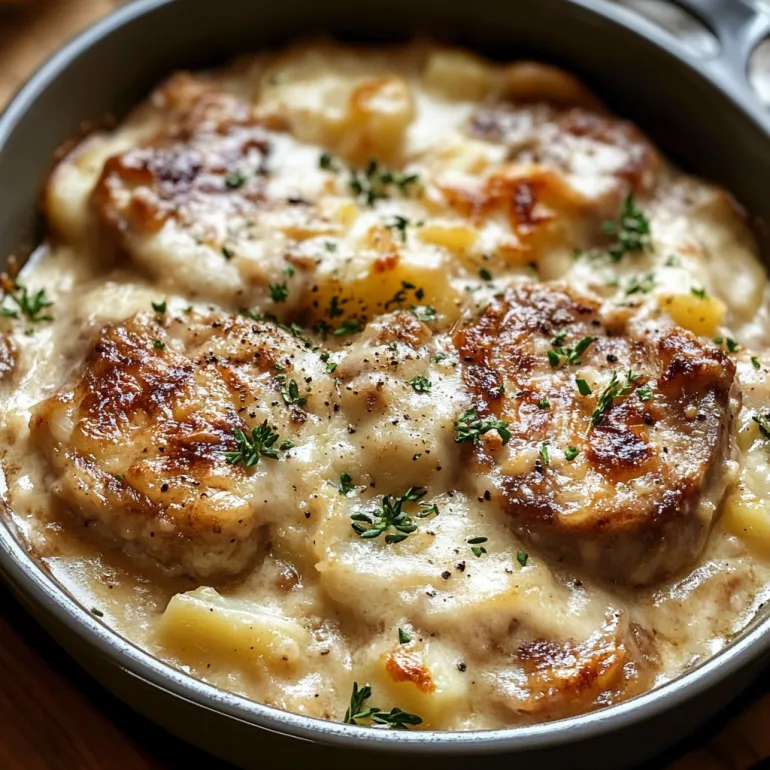 A close up of a delicious smothered pork chop and scalloped potato casserole.