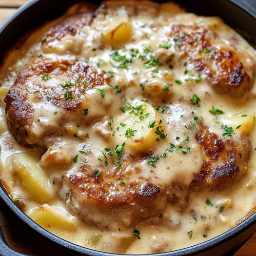 A delicious smothered pork chop and scalloped potato casserole.