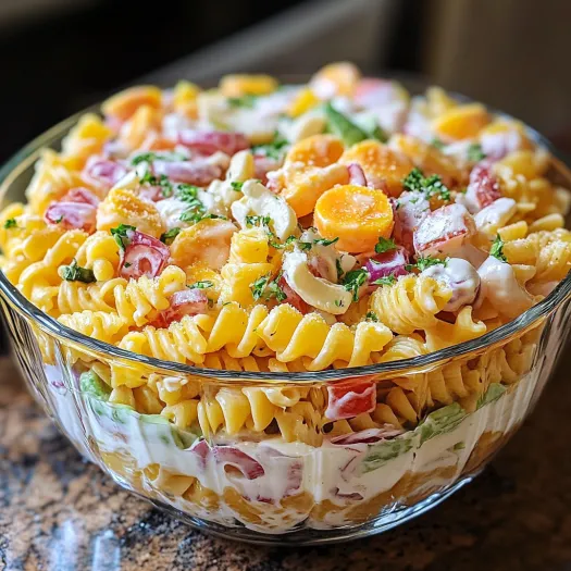 A bowl of pasta salad with various ingredients.