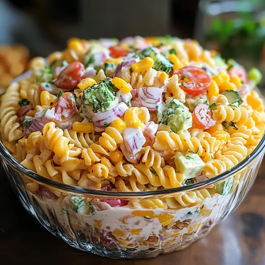 A bowl of pasta salad with various vegetables and cheese.