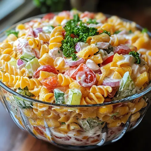 A large bowl of pasta salad with a variety of vegetables.