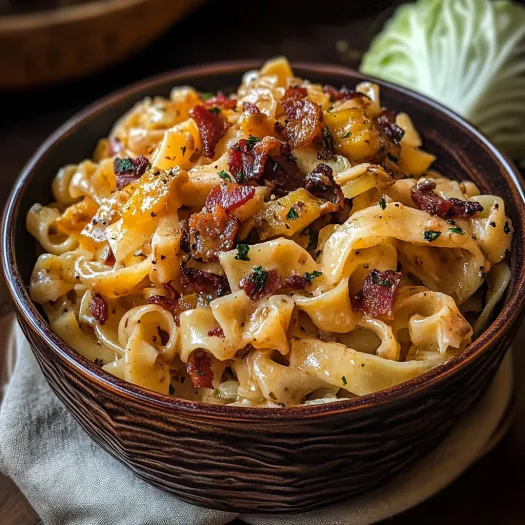 A bowl of noodles with bacon and caramelized onions.